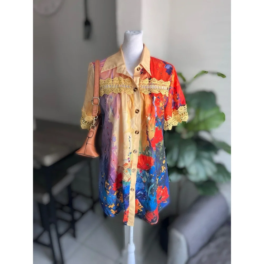 Unbranded Floral Crochet Button Down Shirt Size L